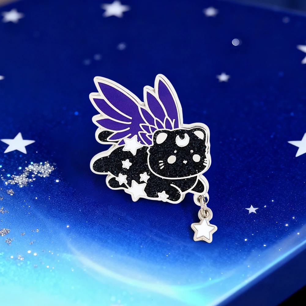 Niedliche Brosche mit geflügeltem Katzenmotiv, Stern-Mond-Cartoon-Tier-Abzeichen, Stern-Anhänger, kreative Emaille-Pin, modisches Kragen-Schmuck-Accessoire, Geschenk – Detail 6