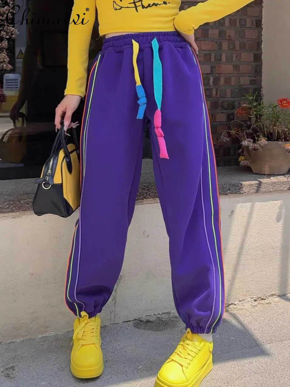 

Fashion Side Rainbow Stripe Drawstring Larger Size Casual Pants 2025 Autumn Clothes New Loose Slimming Jogger Sweatpants Women