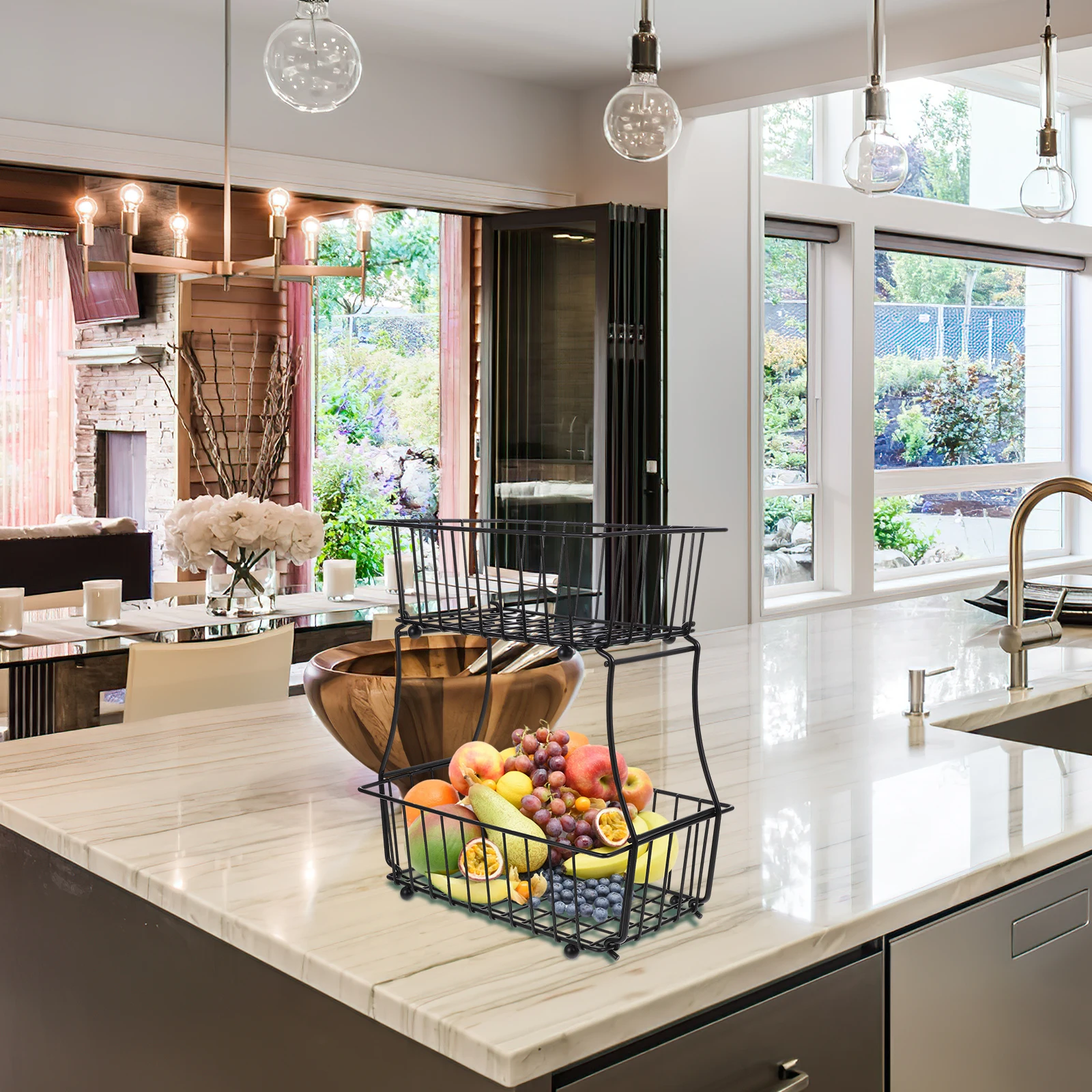 

2 Tier Kitchen Fruit Basket Veggie Tray Black Metal Wire Storage Counter ganizer Detachable Bread Rack Vegetable St