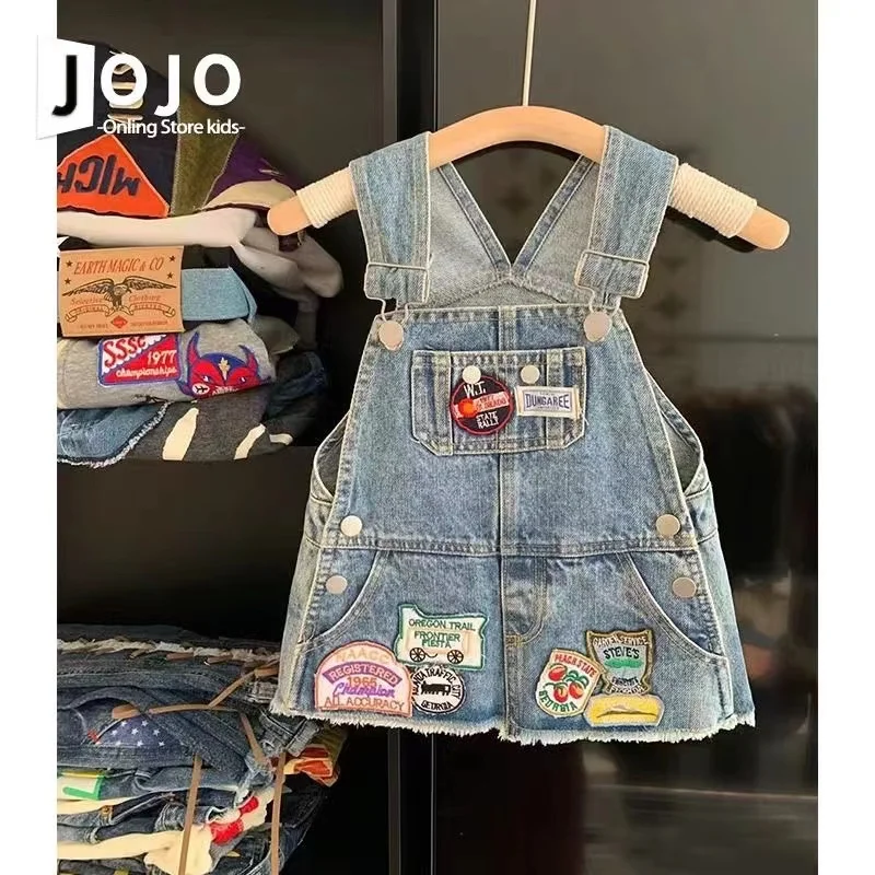 

Children's Clothing Girl Denim Dress 2024 Summer Trendy Children's Retro Blue Strap Girl Cartoon Pattern Strap Skirt 2 4 6 8 9 Y