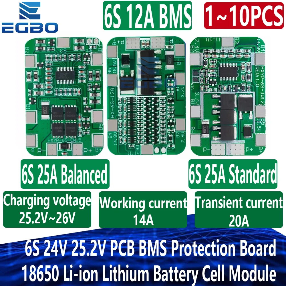 1~10PCS 6S 12A/25A 24V 25.2V PCB BMS Protection Board For 6 Pack 18650 Li-ion Lithium Battery Cell Module New Arrival Balanced