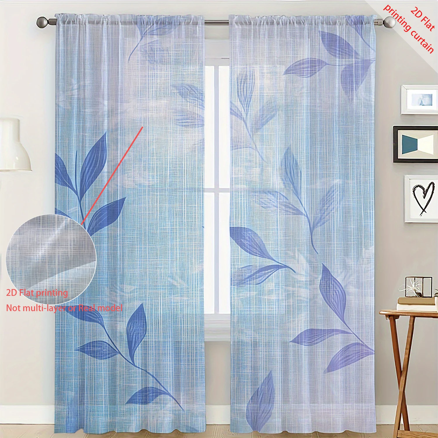 2 Pieces HD Digital  Geometric Blue Leaves Printed Window Screen Home Decor Style Decoration Living Room Bedroom Rod