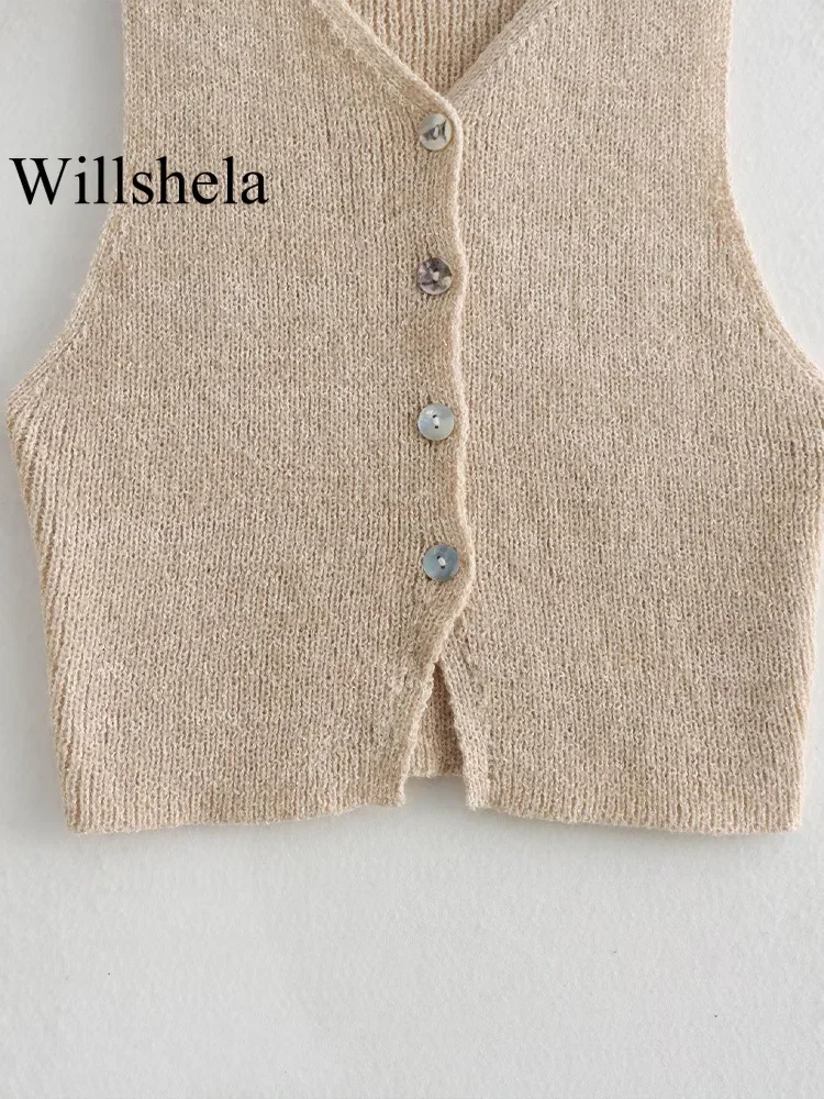 Willshela Women Fashion Beige Single Breasted Knitted Vest Tank Tops Vintage V-Neck Sleeveless Female Chic Lady Top