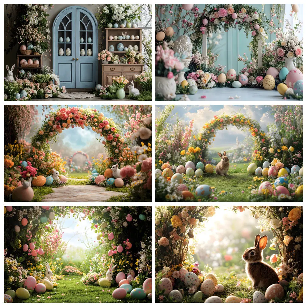 

Spring Happy Easter Photography Backdrops Arch Floral Rabbit Egg Bunny Flower Garden kids Portrait Decor Background Photo Studio