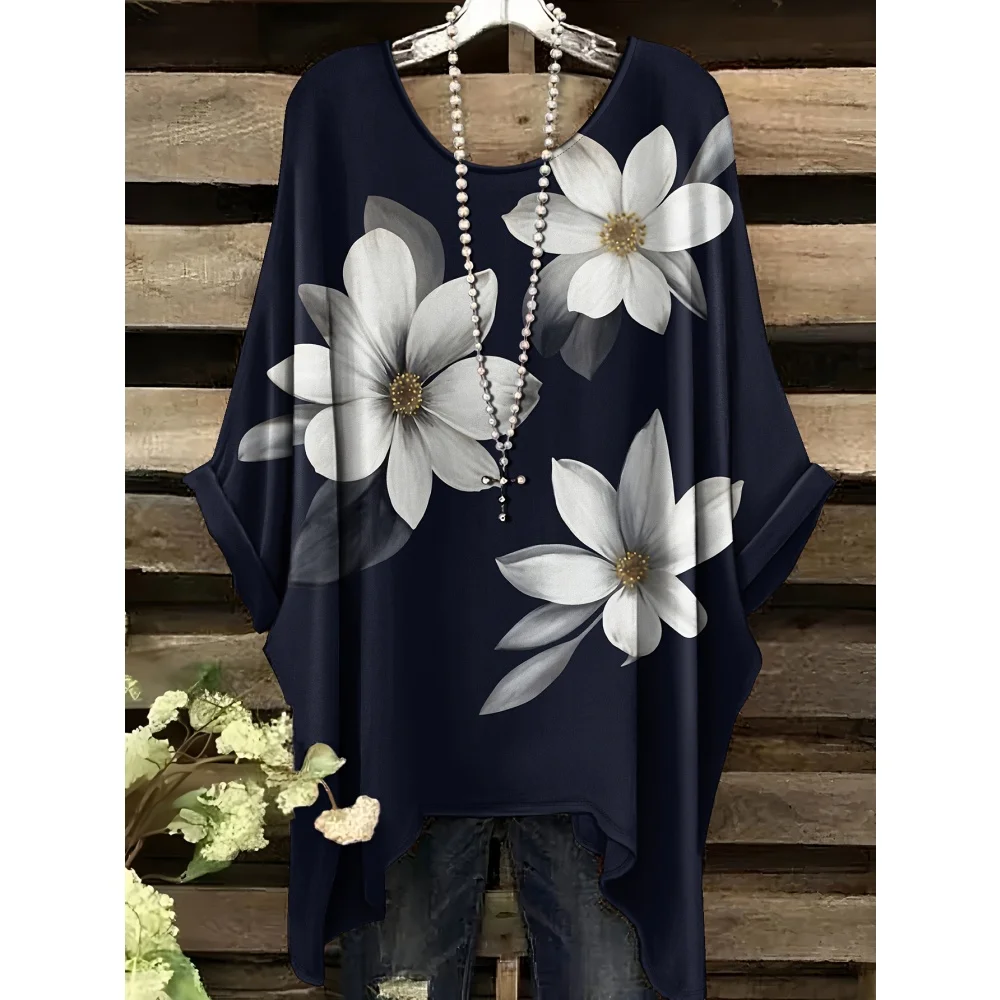 

Summer Clothes Woman 2025 Navy Blue and White Floral Printed Elegant Versatile Design Round Neck Women's Short Sleeve Y2k Top