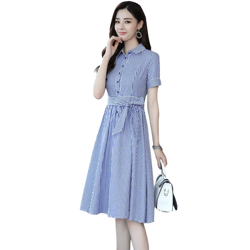 

Contrasting Color Striped Dress For Women 2022 Summer Temperament V-neck Short-Sleeved Waist Slimming Mid-length Skirt Commuting