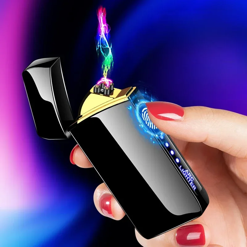 2024Electric Windproof Metal Lighter Double Arc Flameless Plasma Rechargeable USB Lighter LED Power Display Touch Sensor Lighter