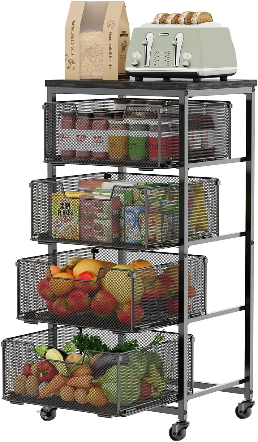 

4-Tier Fruit Vegetable Storage Cart - Kitchen Organizer and Storage Cart with Wheels, Wooden Top Metal Wire Fruit Veget