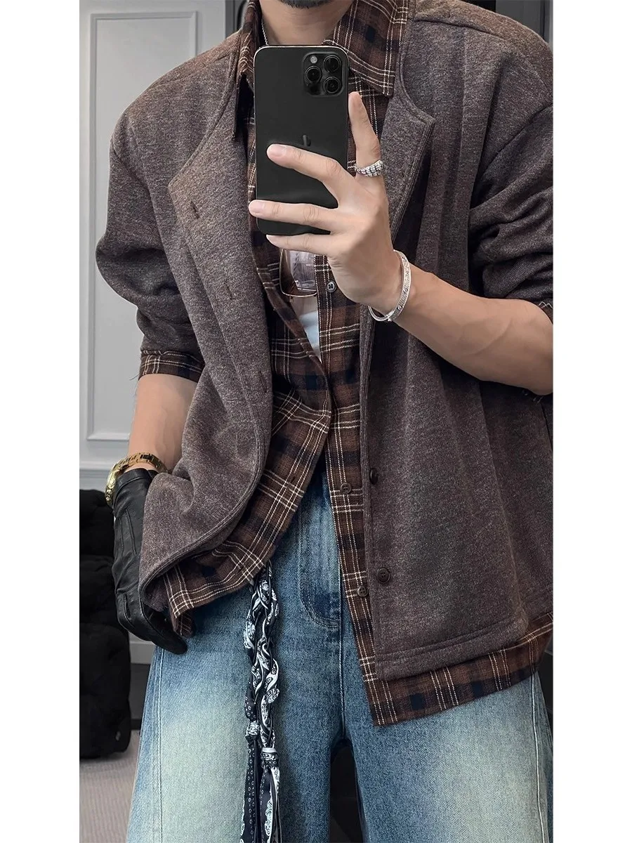 

Мужская рубашка-куртка в американском ретро-стиле в клетку, осенне-зимняя, свободного кроя, повседневная, с длинным рукавом, имитация двухслойности, эффектная.