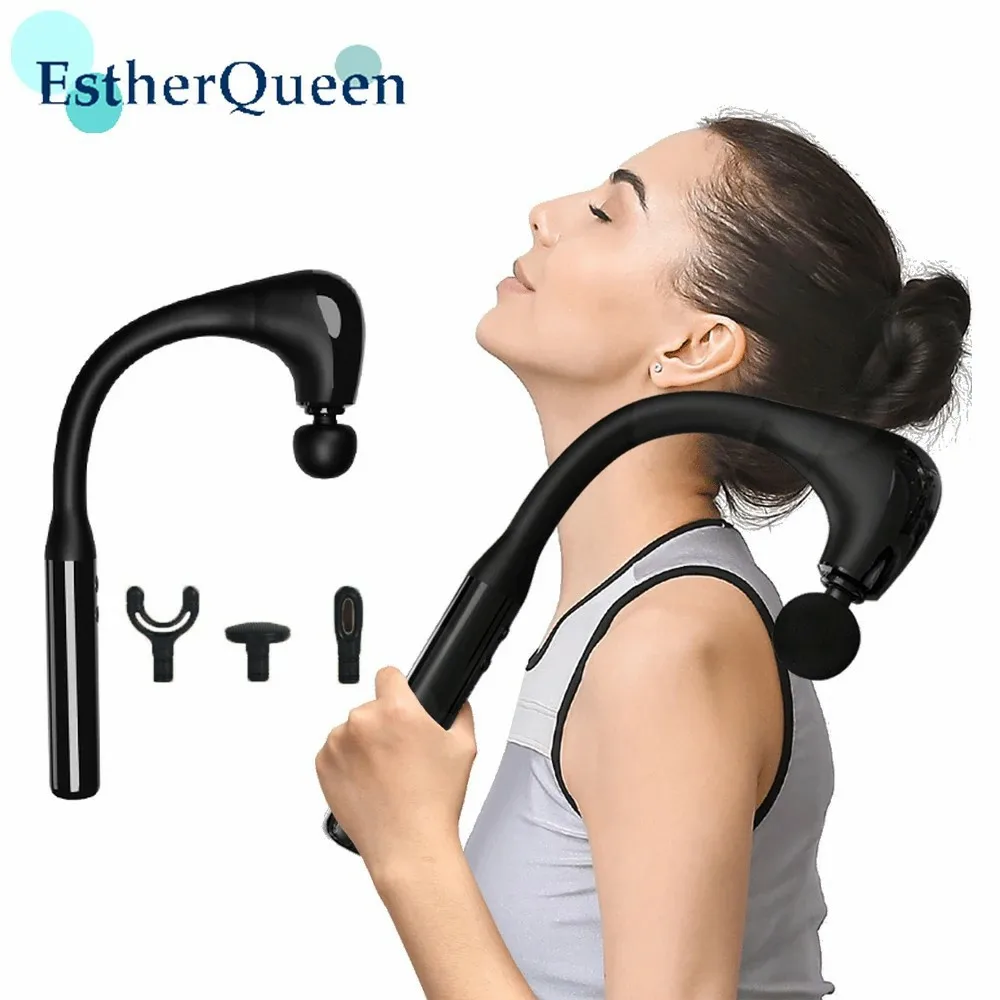 EstherQueen Handheld Curved Handles Massage Gun with 4 Massage Heads,5-Speed Intensity to Relax Back,Relieve Muscle,Pain Relief