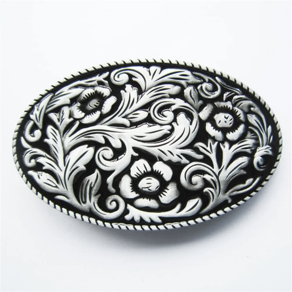 

Antique Silver Black Enamel Western Cowboy Cowgirl Flower Oval Belt Buckle also Stock in the US BUCKLE-WT097BK