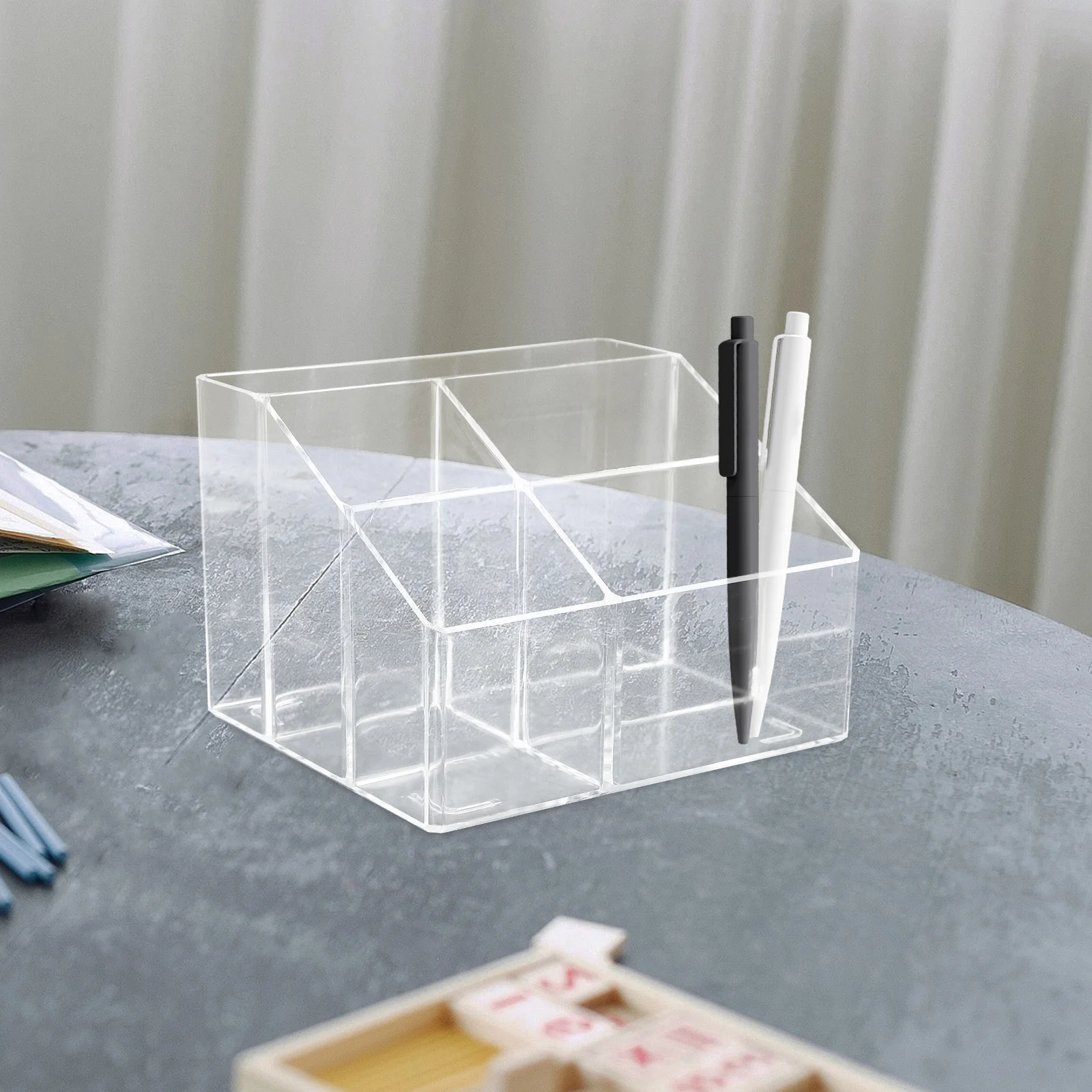 

Clear Desktop Storage Box Acrylic Compartment Organizer for Office Desk Pen Pencil Brush Holder Multi-Use Household Organization
