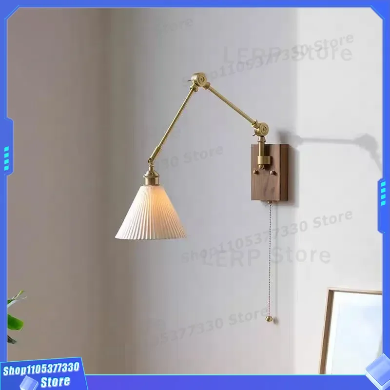 Nordic Medieval Wall Lamp Solid Copper Adjustable Folding Arm Retro Bedside Light for Bedroom Study B and B Decor Vintage