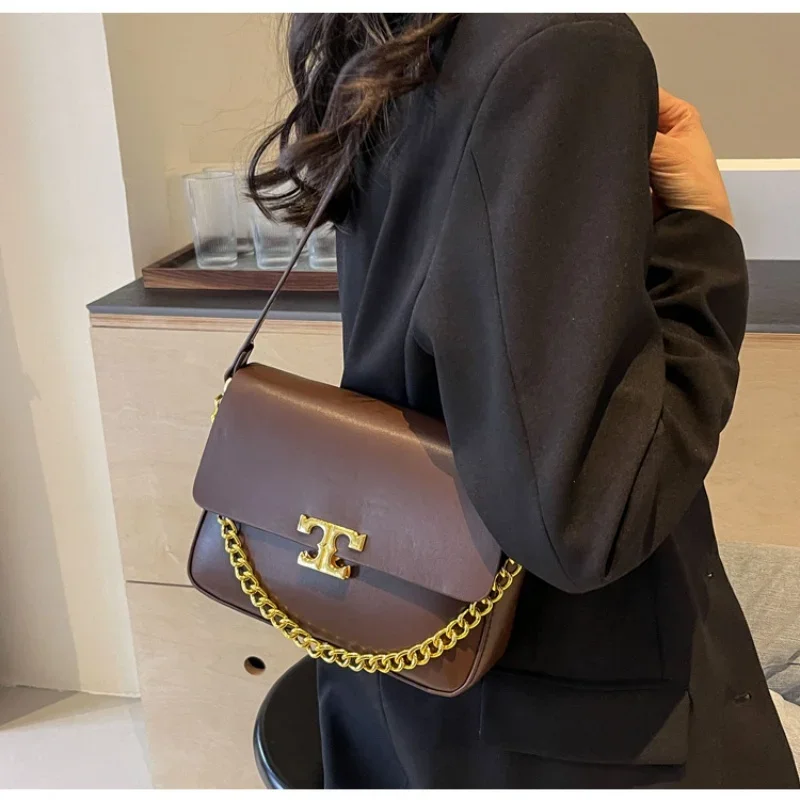 

New Fashion Soft PU Leather Women's Bags Handbag Underarm Vintage Shoulder Bag Luxury Crossbody Bag Solid Color Chains Casual