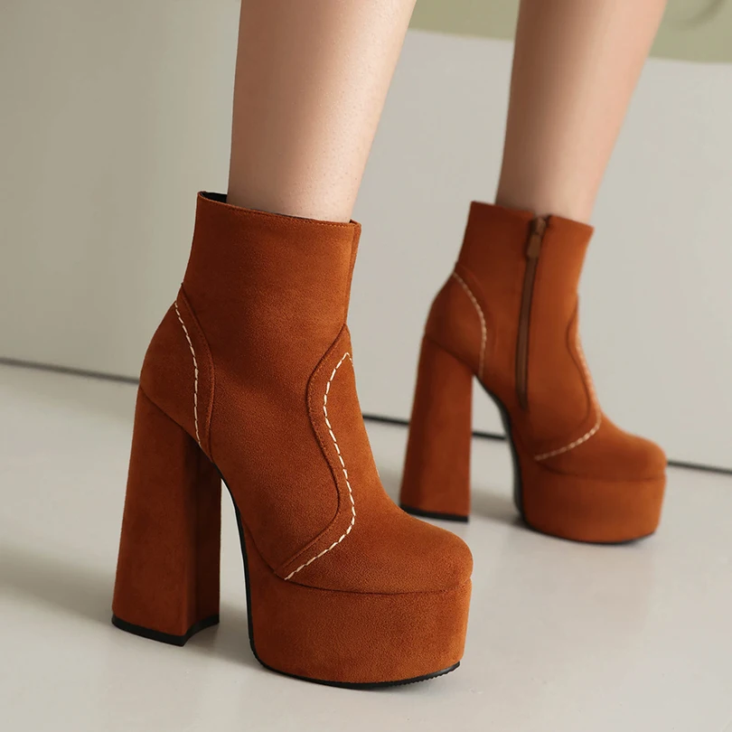

Plus Size Flock Material Sewing Round Toe Super High Thick Heel Short Plush Inner Short Boots High Platform Side Zipper Boots