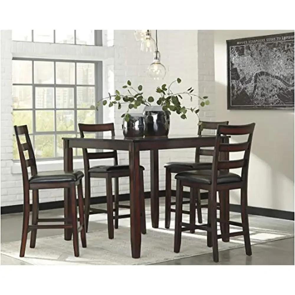 5-Piece Counter Height Dining Set with Table & 4 Barstools Handsomely Crafted Dark Brown Veneer & Faux Leather Upholstery