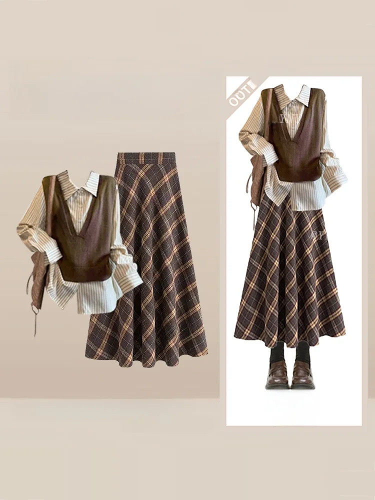 

Мягкий и нежный осенний комплект из жилета, юбки и футболки в клетку, в студенческом стиле, модная женская одежда, длинный рукав, воротник-стойка