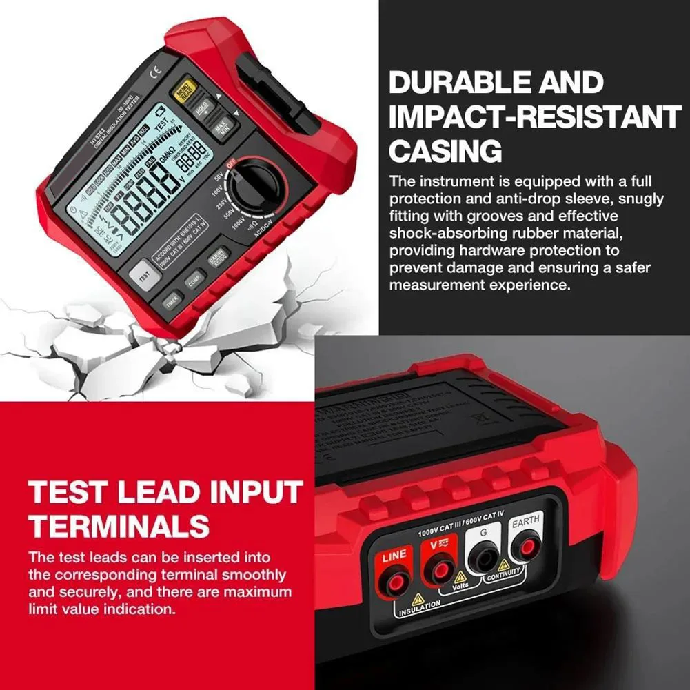 

Измеритель сопротивления изоляции высокого напряжения HT5203 1000В с функцией измерения переменного и постоянного напряжения, проверки целостности цепи и звуковой сигнализацией