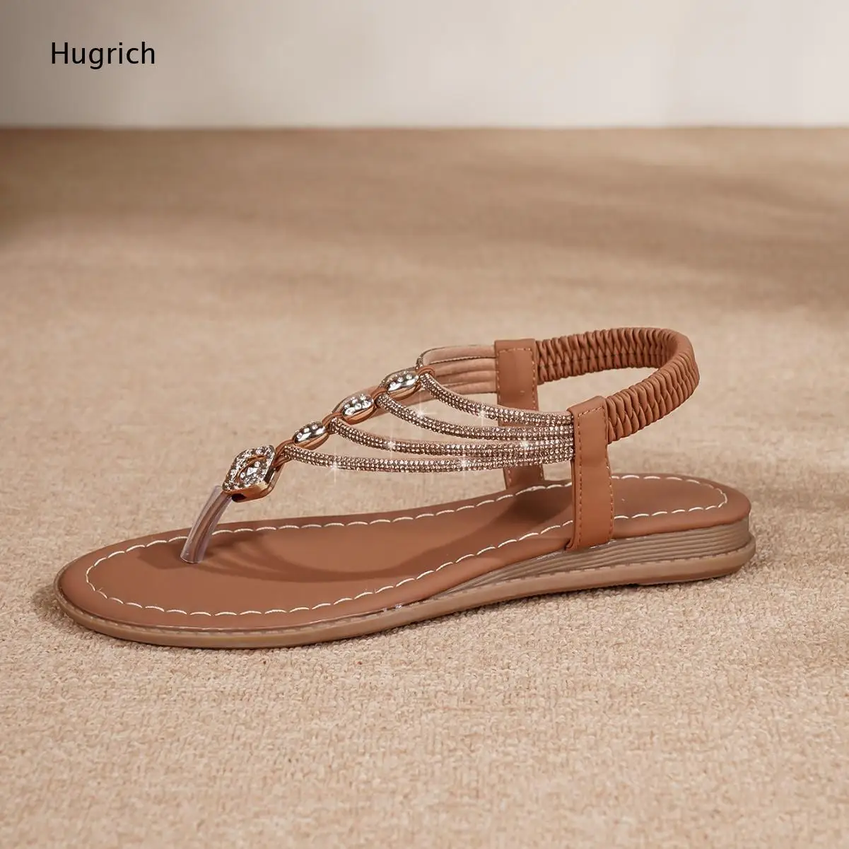 Multi-Strand Crystal Chain Flat Sandals Square Rhinestone Ornament Elastic Stretch Rear Ankle Band Anti-Slip Sole