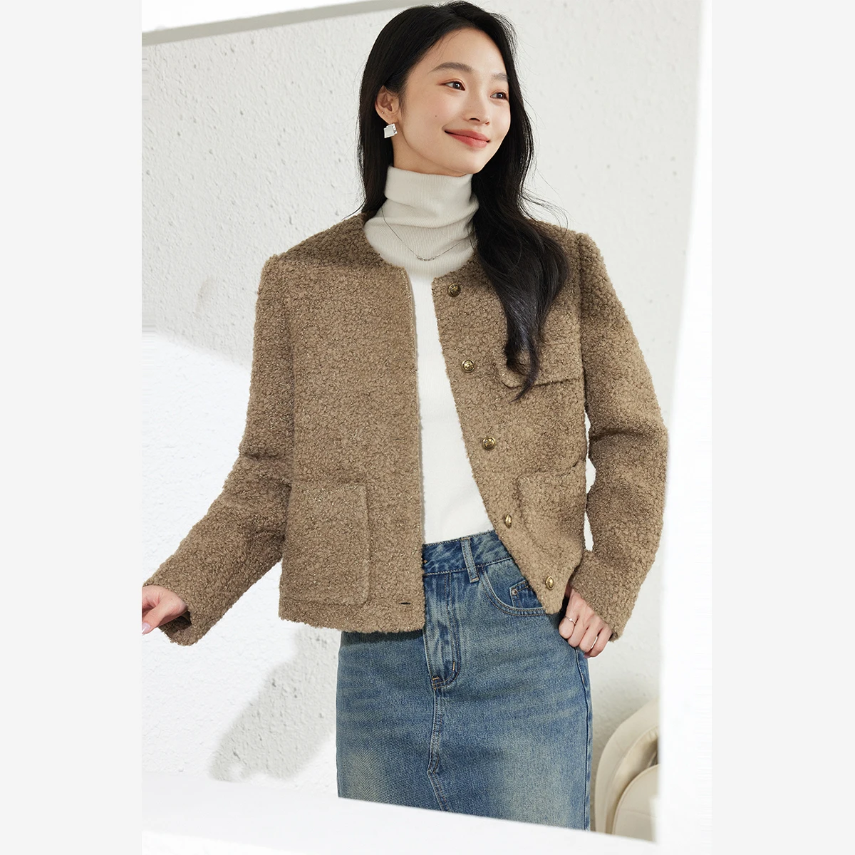 VIMLY معطف سميك قصير للنساء أنيق من الصوف مزيج الصوف سترة تويد للسيدات معاطف فاخرة برقبة مستديرة ملابس نسائية شتوية 2025 M9159