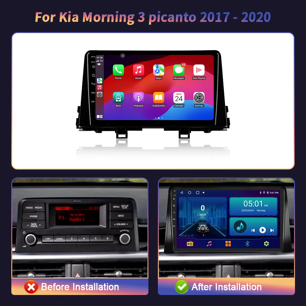 Android 14 Android Multimedia Navigation Player 4G GPS Screen For Kia Morning 3 Picanto 2017-2020 Wireless Carplay Stereo 2DIN