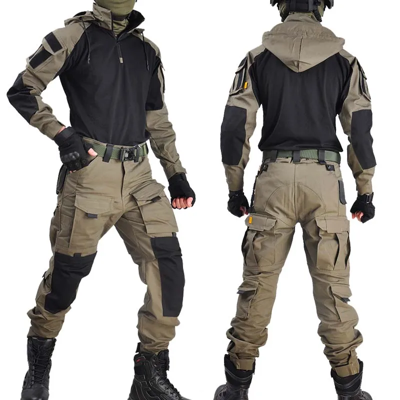 Ternos de algodão com capuz masculino, uniforme militar, camisas de combate, camisa de caminhada, calças, paintball, roupas airsoft, terno masculino