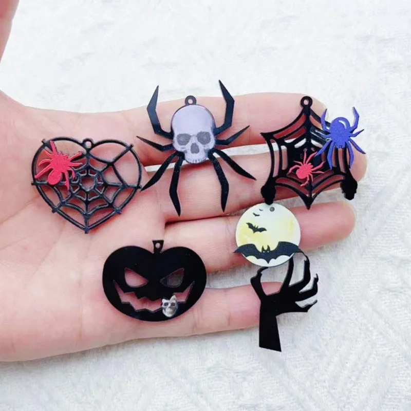 10pcs Acrylic Printed Halloween Spider Web Bat Pumpkin Skull Pendant DIY Jewelry Pendant Accessories