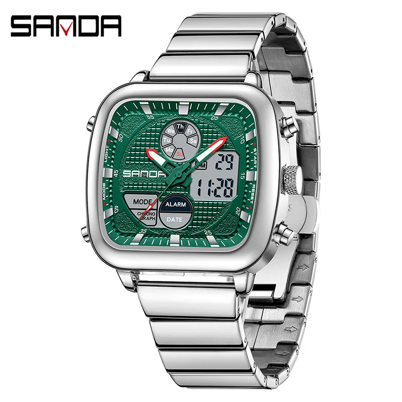 SANDA 9101Retro Square Double Display Electronic Watch Night Light Waterproof Business Leisure Men's Watch Trendy Sports Watch