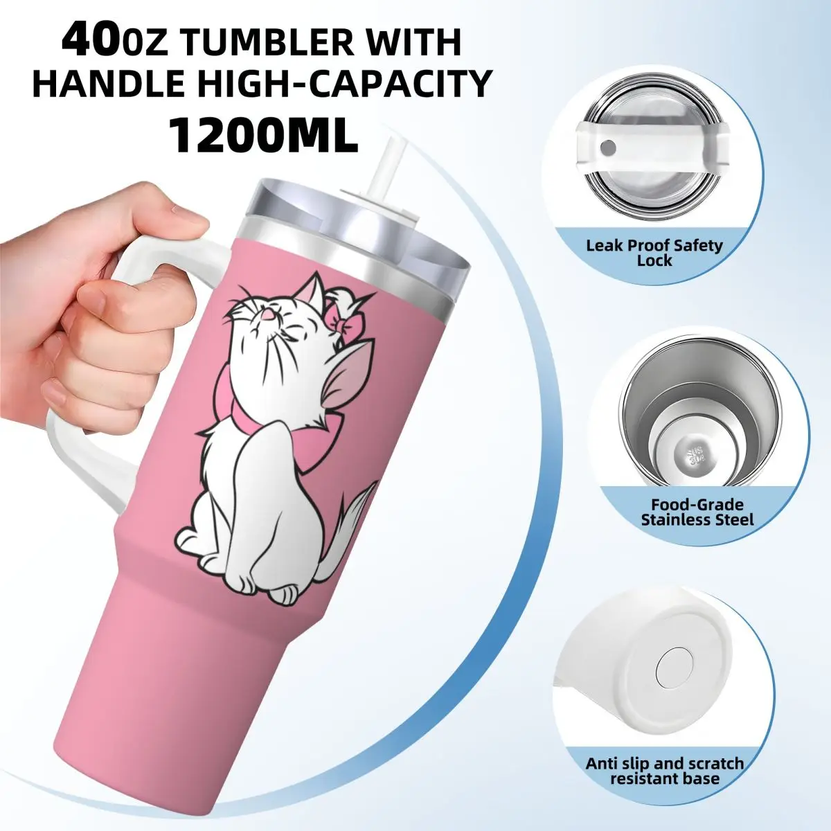 Kawaii Pink Marie Cat Aristocats Tumbler Cold and Hot Water Bottle Keep Heat Stainless Steel Thermal Cups Travelist Car Mugs