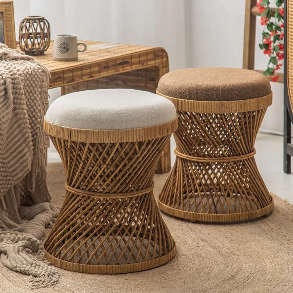 Retro Bamboo Rattan Round Stool Japanese Low Coffee Dressing Table B&B Furniture