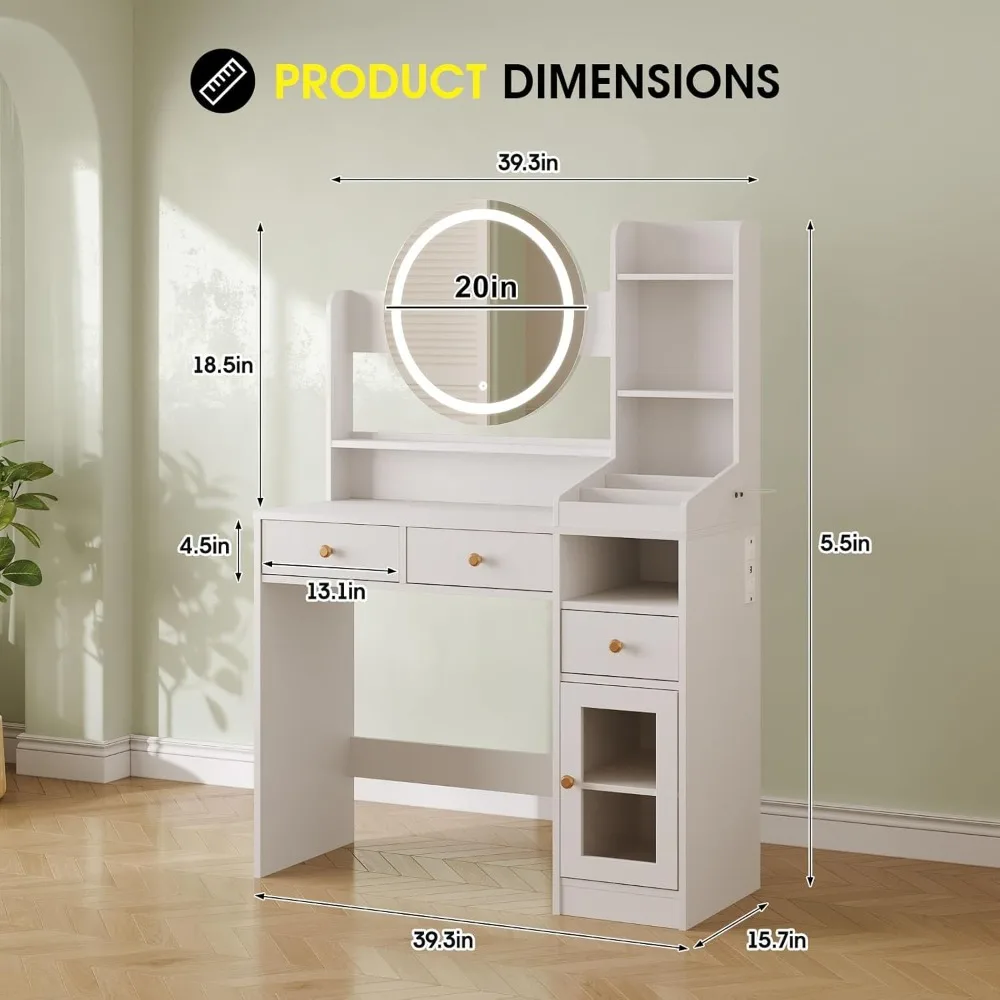 Vanity with Round Mirror and Lights,39 Inch Makeup Vanity Table with 3 Storage Compartments&Drawers,White Vanity with Glass Door