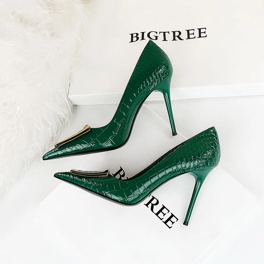 BIGTREE sepatu High Heels wanita, sepatu pump hak tinggi motif kulit ular gesper dekorasi logam ukuran 34-40