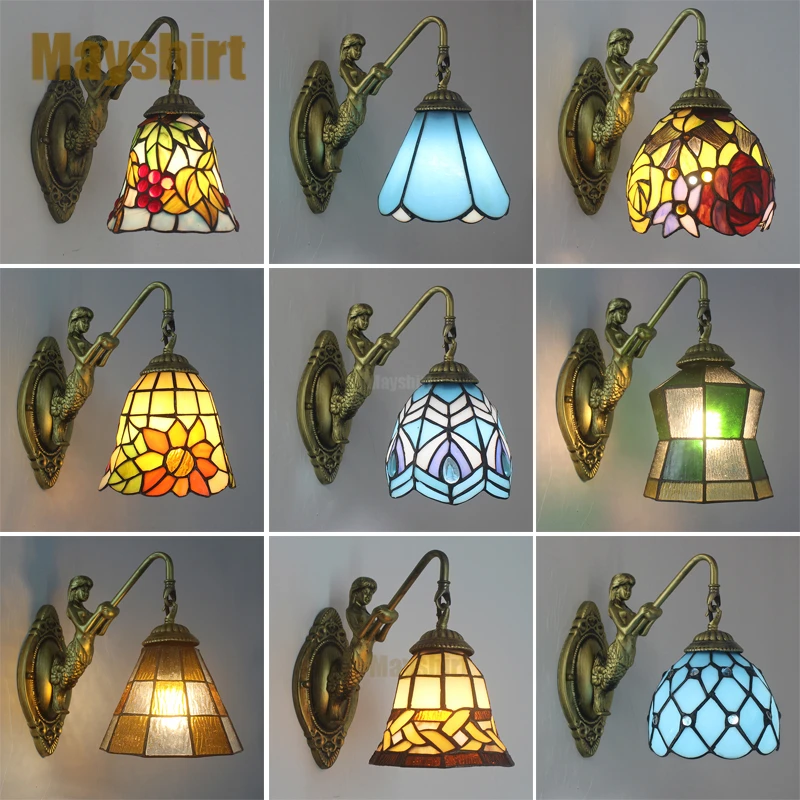 Vintage Stained Glass Wall Lamp Tiffany Retro Mermaid Wall Lights for Home Decor Bedroom Bathroom Mirror Light Bedside Sconce