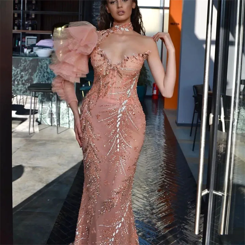 Pink Mermaid Evening Dresses One Shoulder Long Sleeve Beaded Appliques Sequins Lace Prom Dresses Floor Length Party Dress