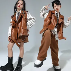 Hip Hop Clothing Girls Solid Vest Stripe Shirt Suit Pants Boys Streetwear Children Street Dance Clothes Sets Kids Jazz Costumes