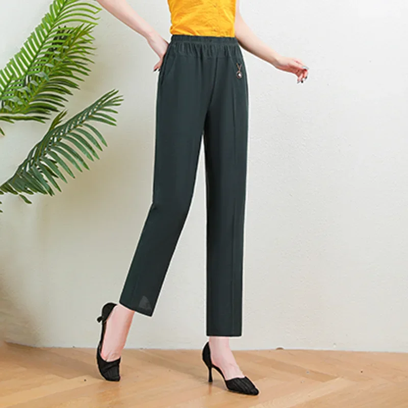 

Summer Thin Ice Silk Elastic Pants Solid Color High Waist Loose Casual Pants Middle aged Female Elastic Straight Leg Pants