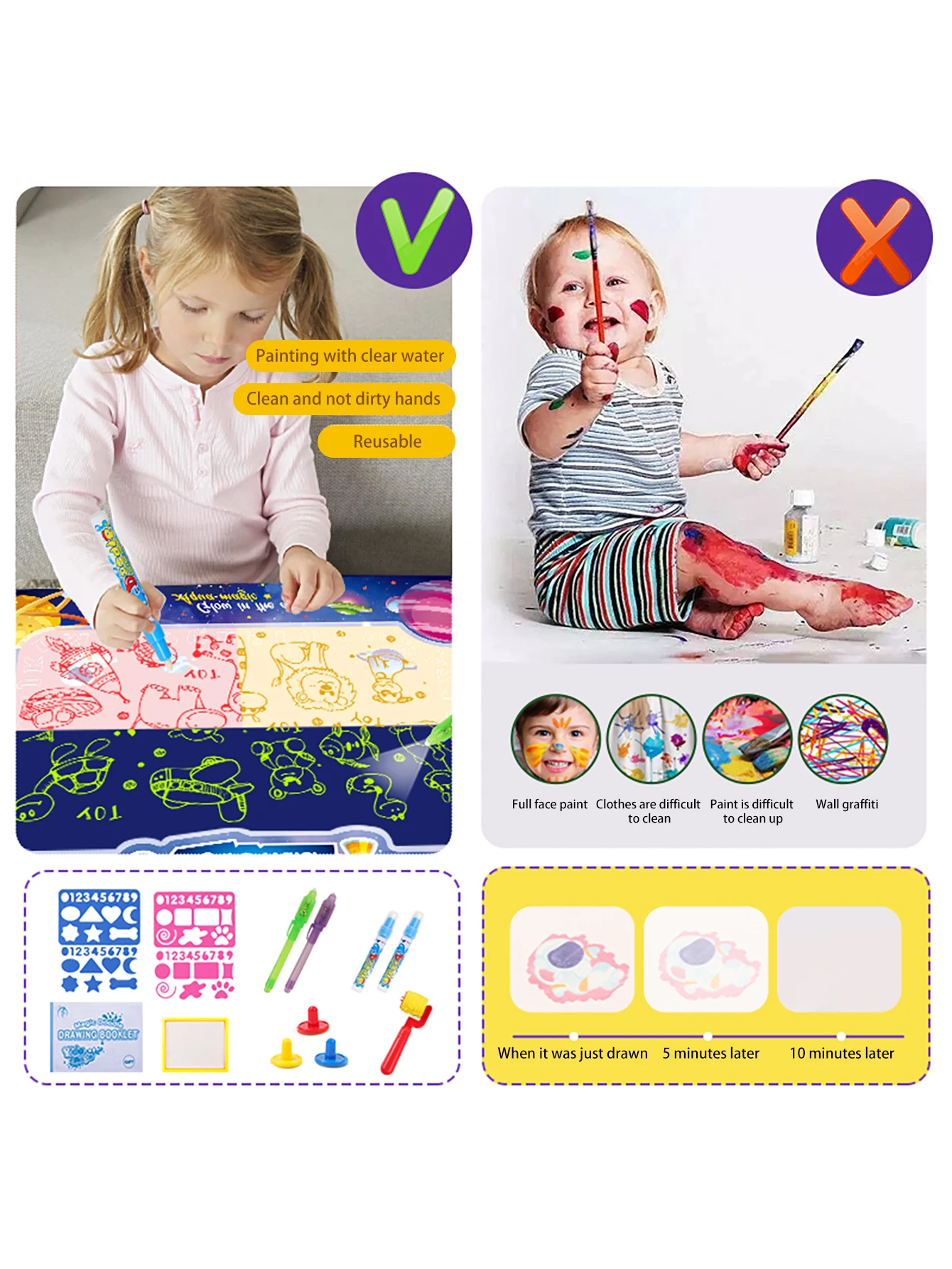 قماش مائي مضيء للأطفال، بطانية جرافيتي ألغاز، لوحة رسم وكتابة قابلة للطي، ألعاب تعليمية مونتيسوري #6