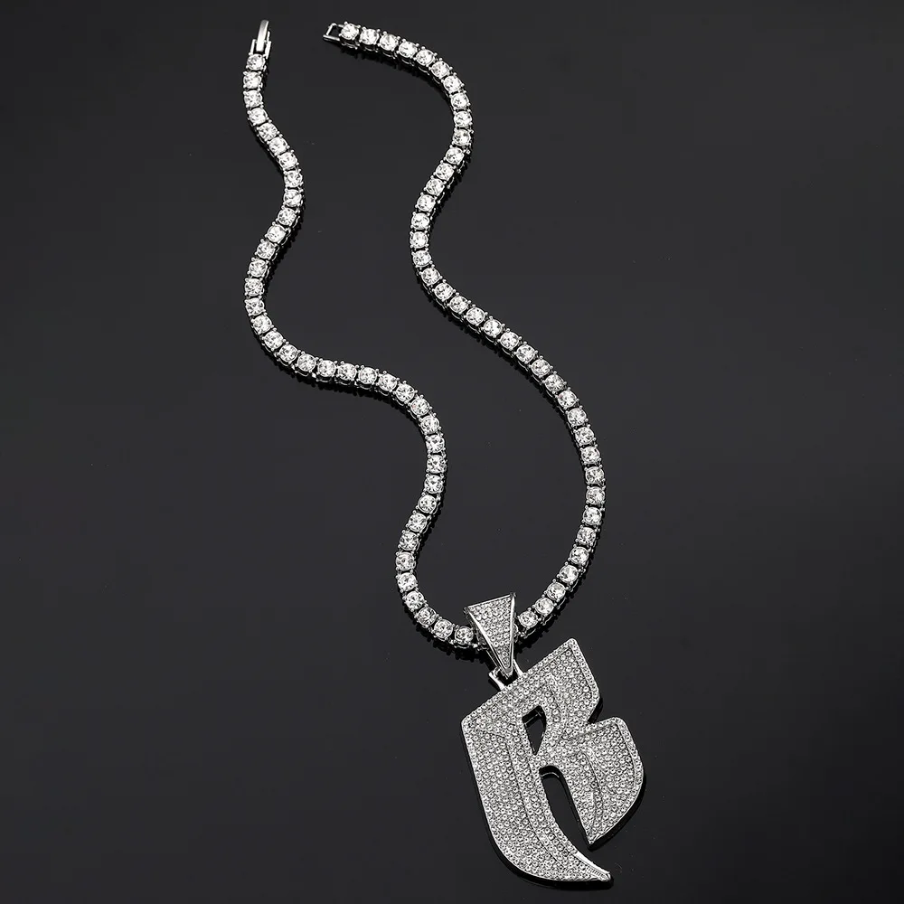 HipHop Full Crystal Letter B Pendant Tennis Chain Necklace With 13mm Miami Cuban Chain Necklace Fit Men Women Punk Party Jewelry