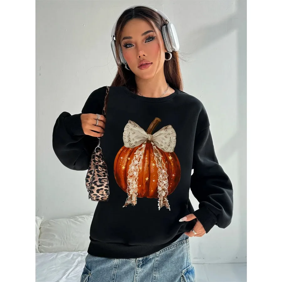 

Women Basic Casual Pullover Long Sleeve Pumpkin Bow Printed Round Neck Spring Autumn