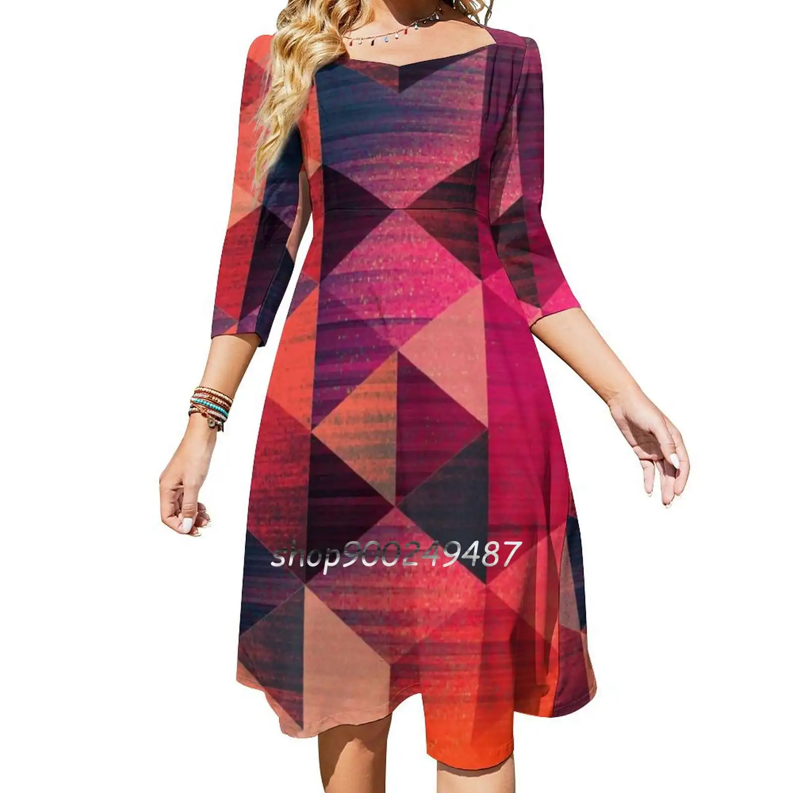 Nyynglyrch Sweetheart Knot Flared Dress Fashion Design Large Size Loose Dress Isometric Grid Glitch Neon Triangle Geometric