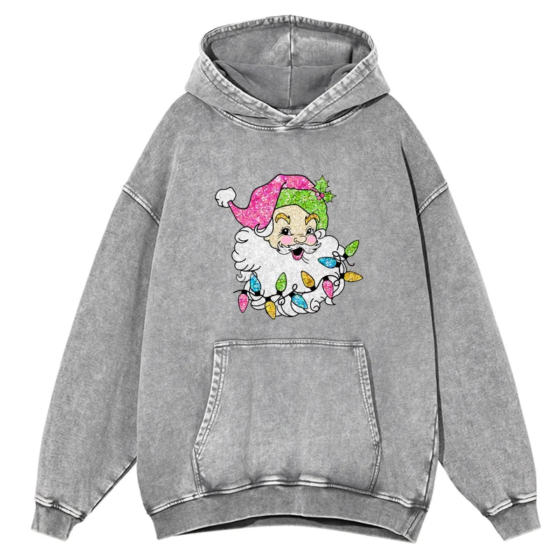 Funny Santa Claus Printed Hoodies Holiday Merry Christmas Washed Cotton Pullover New Year Clothes Women Harajuku Long Sleeve
