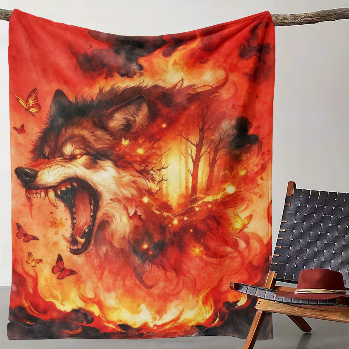 

1 Flame Wolf Butterfly Watercolor Art Blanket, Wild Trend Living Room Decoration Blanket