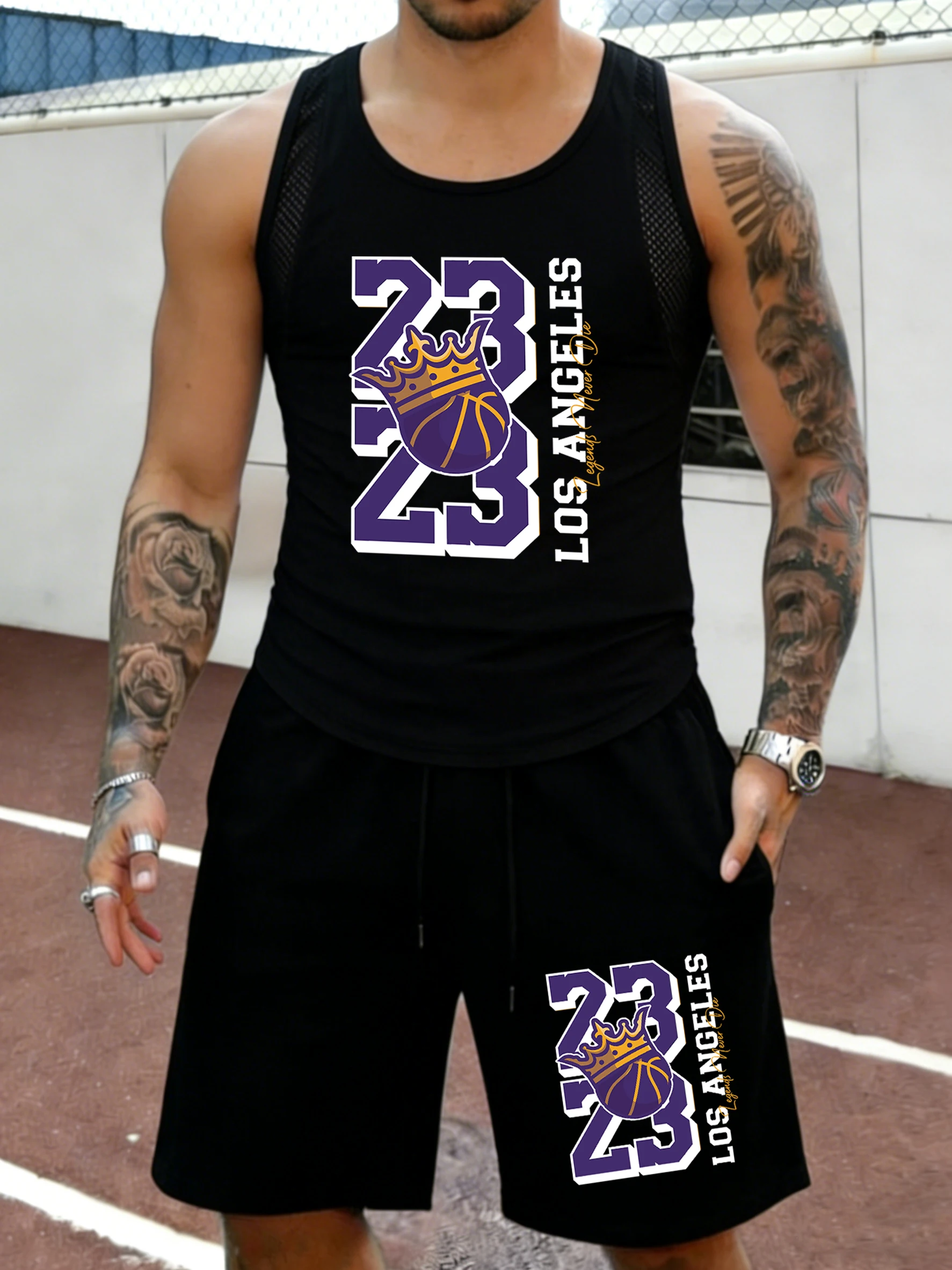 

Los Angeles Basketball No. 23 Prints Summer Mesh Jogging Tank Top Swim Pants Set Men Loose Basic Shorts Lightweight Soft Clothes