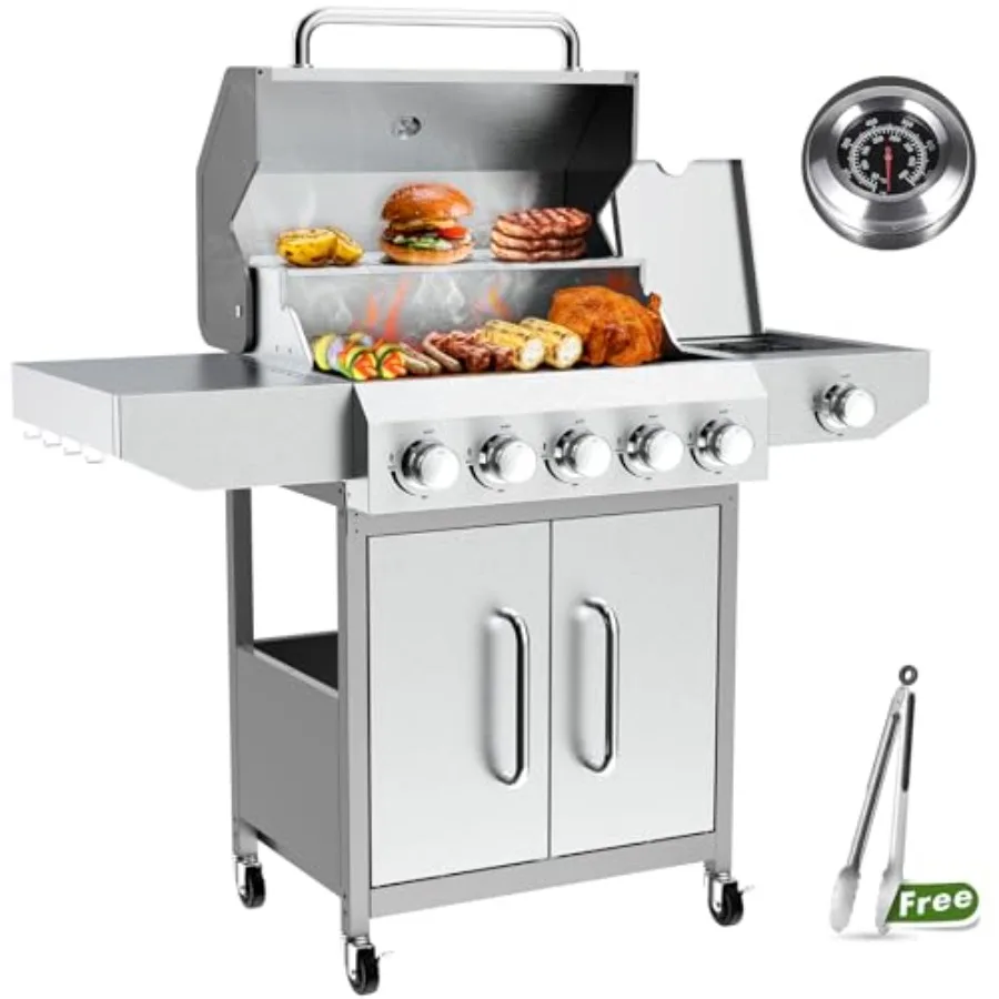 

68000 BTU 5+1 Burner Propane Grill Stainless Steel Outdoor BBQ with 647 sq in Oil-Drain Plates Cast Iron Grates Side Burner and