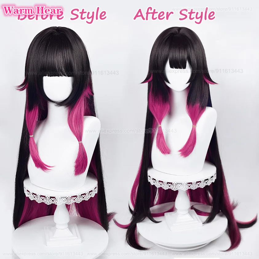 Fatui-Peluca de cabello sintético para Cosplay, cabellera artificial de 105cm de largo, color negro y Rosa mezclado, estilo Anime, resistente al calor, incluye gorro