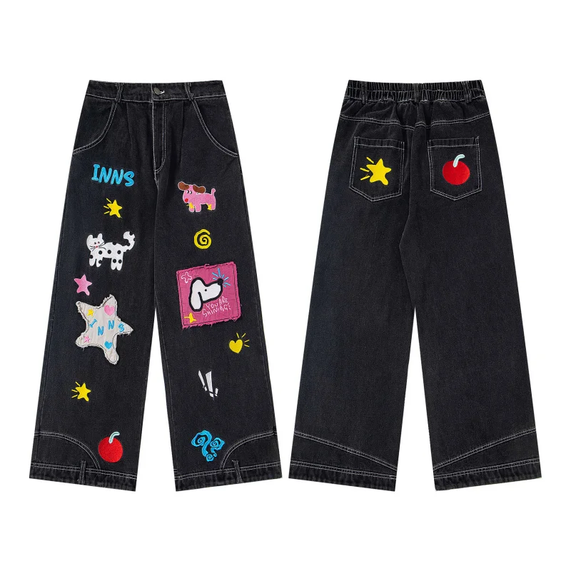 

DAVIDSHAO, размер ЕС, США, высокое качество, уличная одежда для улицы, роскошные ретро забавные свободные прямые джинсы с мультяшной вышивкой для мужчин и женщин