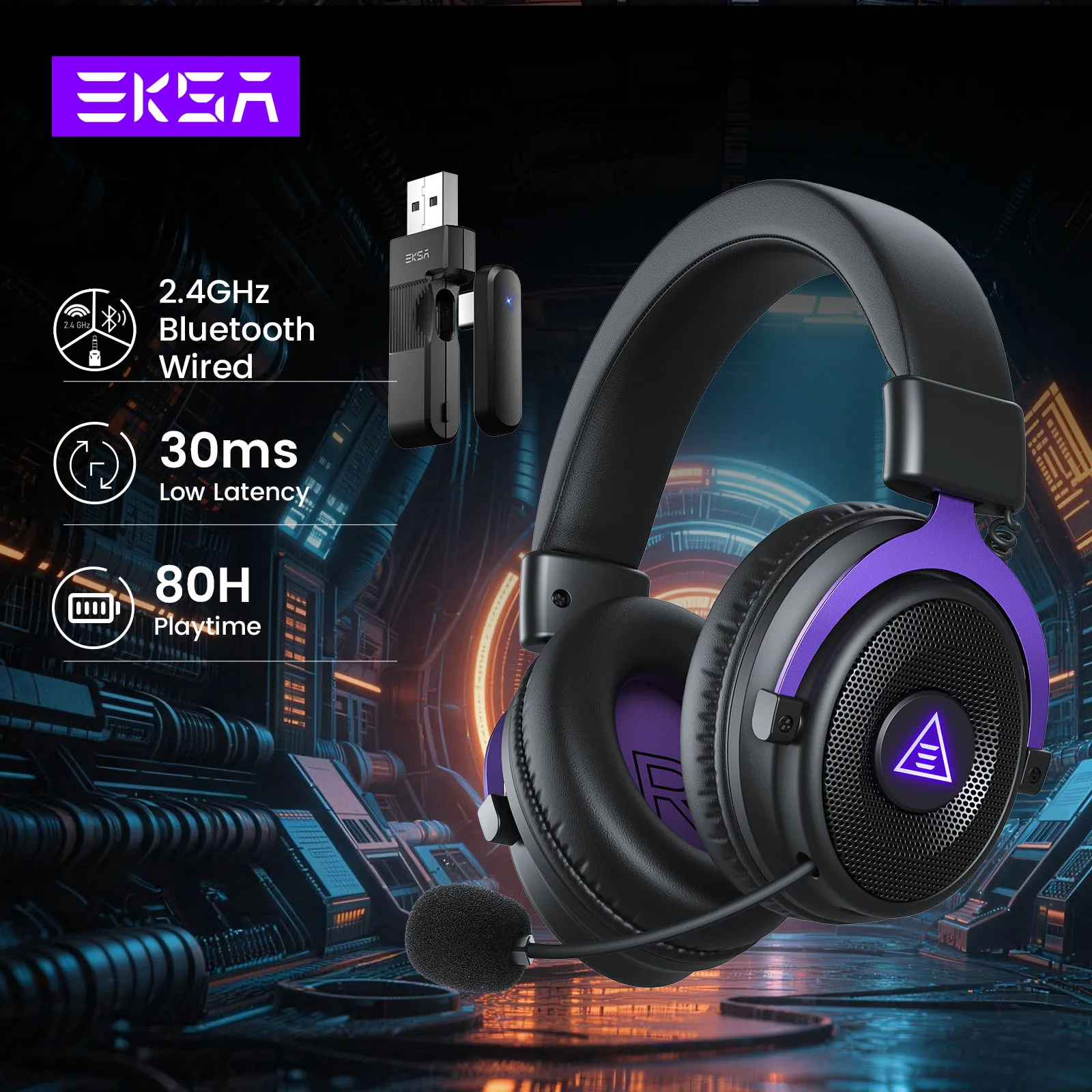 Casque sans fil EKSA E900 WT 2,4 GHz Bluetooth 7.1 USB/Type C pour joueurs avec micro ENC pour PC/PS4/PS5/Xbox, 80H