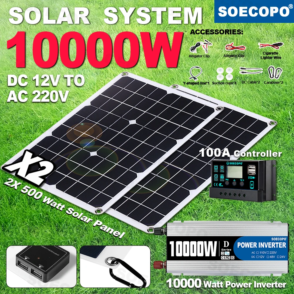 

SOECOPO 10000W Portable for Camping Home RV Solar System Kits 2×500W Panels DC12V - AC220V Inverter 100A Controller USB 5V/1.5A