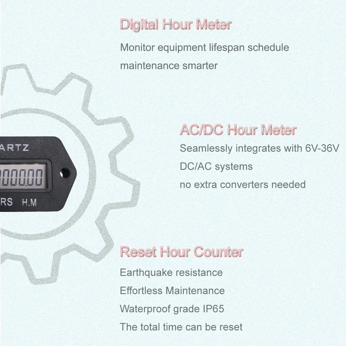Digital Hour Meter,LCD Accumulate Timer,6-36V DC/AC  Hour Meter Resettable Counter 999999.59H Snap in ,for Vehicle  Boat Truck