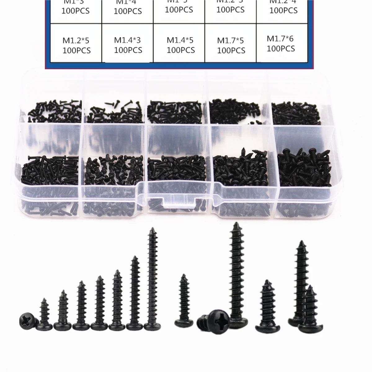 1000pcs/set M1/M1.2/M1.4/M1.7 Round Cross Head Stainless Steel Screws Pan Self Tapping Screw Set Assortment Kit Black